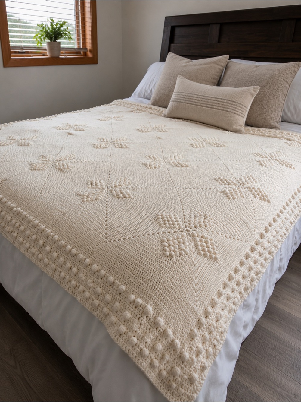 Vintage Off White Popcorn Afghan Blanket